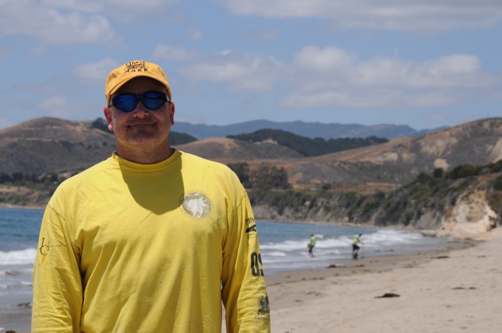 Dr. Anderson during sandy beach monitoring before oil arrives upon El Capitan State Beach, CA.