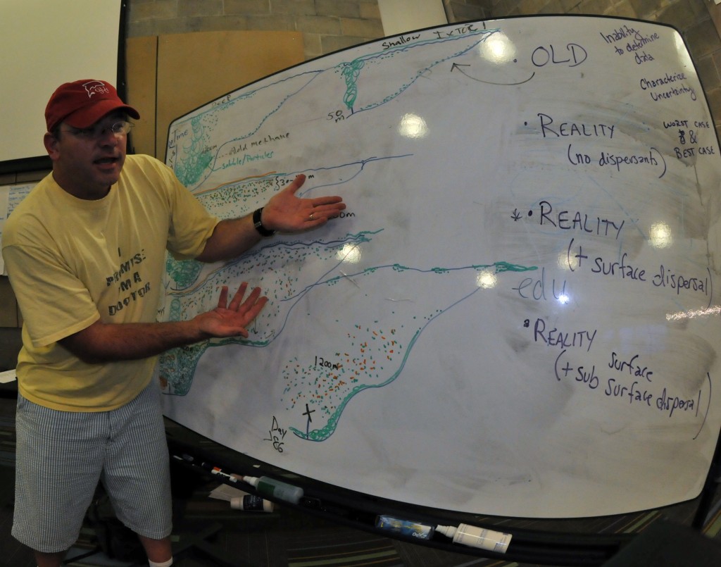 Dr. Sean Anderson discussing oil spill scenarios with his NCEAS Deepwater Horizon EcoTox Working Group at Dauphin Island Sea Lab on September 16, 2010.