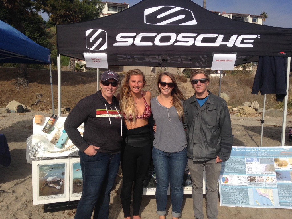 Dorothy Horn (ESRM), Lakey Peterson, Michaela Miller (ESRM), and Patrick Costa (ESRM) on Leadbetter Beach. December 19, 2015.