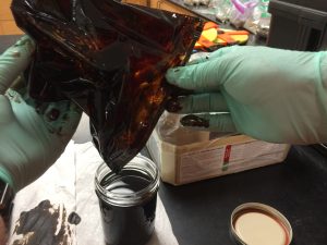 Archiving field samples in our lab. This crude was collected flowing in Prince Barranca. June 23, 2016.