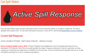 Cal Spill Watch on July 9, 2016. source: https://www.wildlife.ca.gov/OSPR/CalSpillWatch