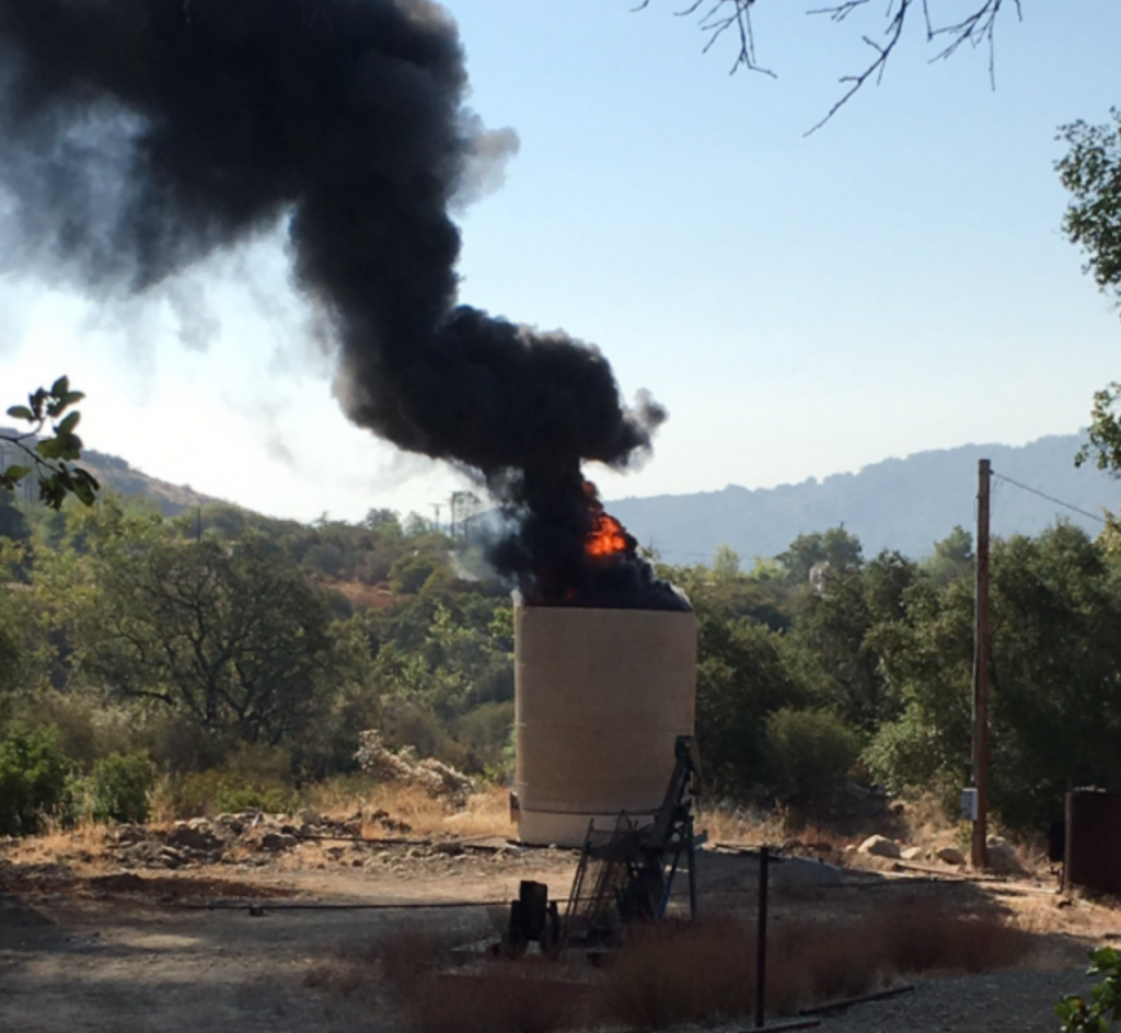 Ojai oil tank on fire, August 5, 2016. Photo by Captain Mike Lindbery, Ventura County Fire Department.