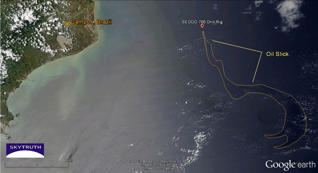 MODIS/Aqua satellite image shows a growing surface oil slick over the deepwater Campos Basin off Brazil. Image from Skytruth, after satellite grab from midday on November 12, 2011.